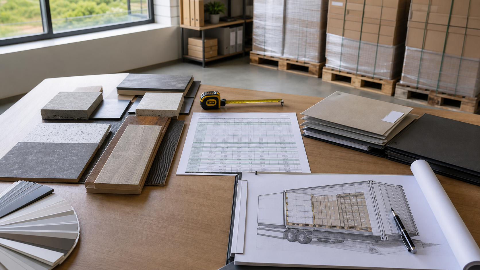 Material samples, freight documents and a container loading plan prepared for building-material export planning