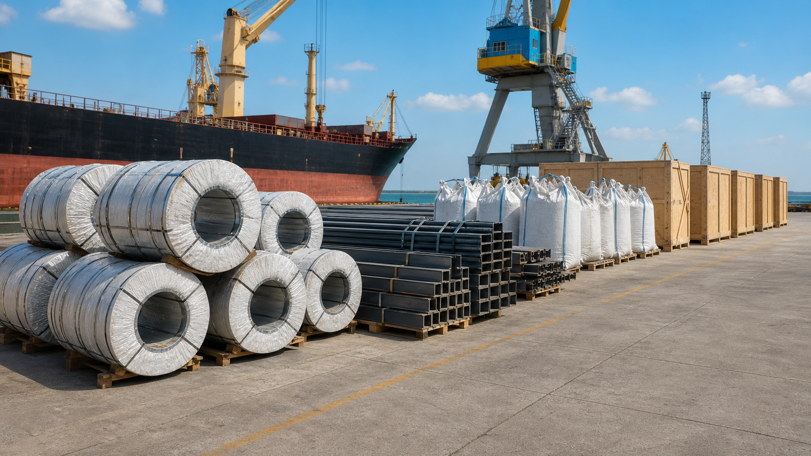 Steel coils, structural sections and bulk cargo staged at an export port for breakbulk freight planning