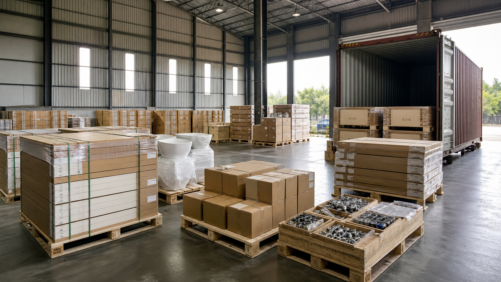 Containerized finish materials, bathroom fixtures, hardware and cartons prepared for export consolidation